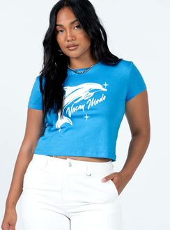 front view of model wearing Princess Polly Vacay Mode Tee Blue Short Sleeves Crew Neck 