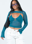 Front view of model wearing  front Princess Polly Full Sleeves Scoop Neck  Mcleay Cut Out Top Blue