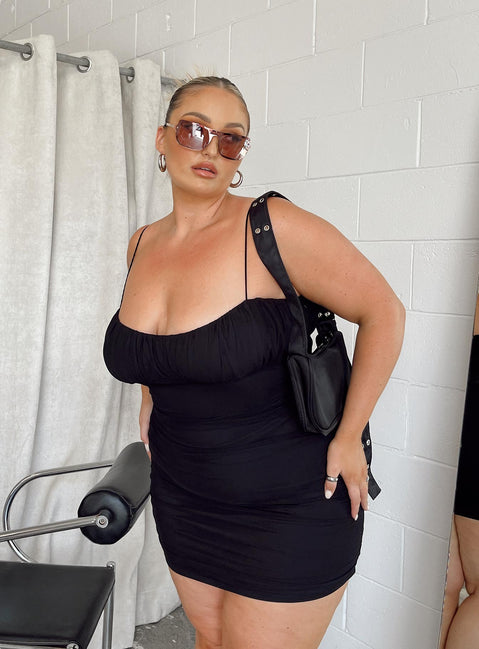 front view of model wearing Princess Polly Penney Mini Dress Black Curve 