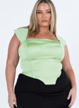 Green corset Silky material Cap sleeves Square neckline Zip fastening at back Boning throughout