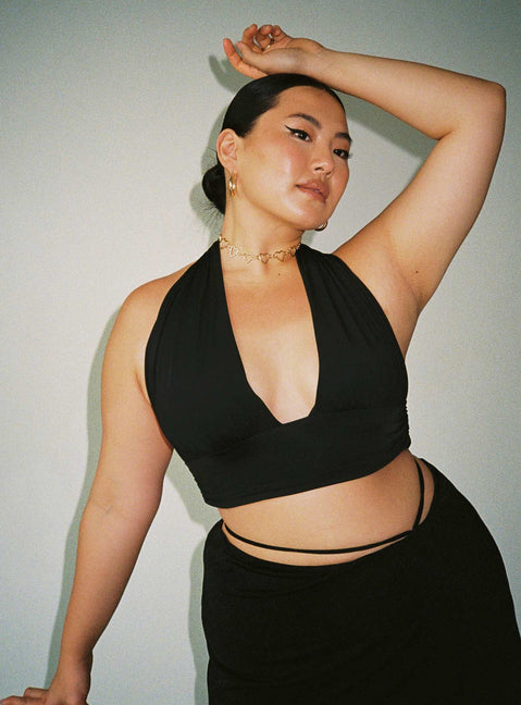 front view of model wearing Princess Polly Jordy Top Black Curve Eco Sleeveless Plunger 