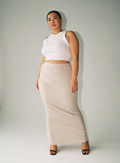   front view of model wearing Princess Polly Oscar Maxi Skirt Beige Curve Maxi 