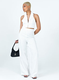 White matching set Pinstripe print Vest top Halter neck Hook & eye fastening at front Tailored pants Invisible zip fastening at side Wide leg