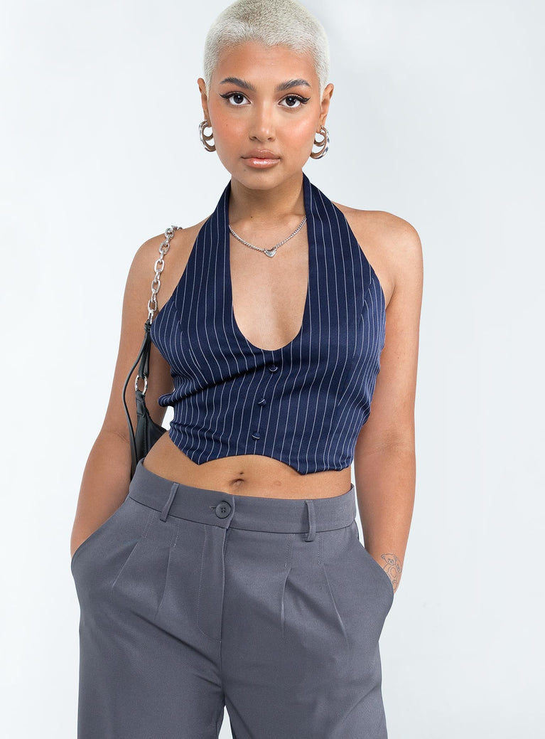 Halter top Pinstripe print  Scooped neckline  Faux button front  Double elasticated back straps 