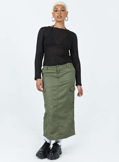 Front view of model wearing  front Motel Widya Skirt Dark Olive Princess Polly  Midi Skirts 