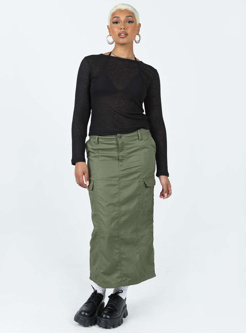 Front view of model wearing  front Motel Widya Skirt Dark Olive Princess Polly  Midi Skirts 