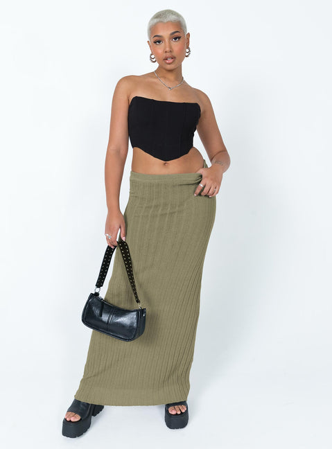 Front view of model wearing  front Belle Knit Maxi Skirt Khaki Princess Polly  Maxi 