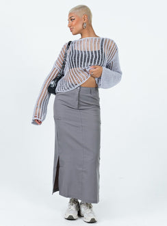 Front view of model wearing  front Elderbery Cargo Maxi Skirt Grey Princess Polly  Maxi 