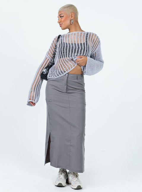 Front view of model wearing  front Elderbery Cargo Maxi Skirt Grey Princess Polly  Maxi 