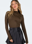 front view of model wearing Princess Polly Cetrone Long Sleeve Bodysuit Brown Full Sleeves High Neck 