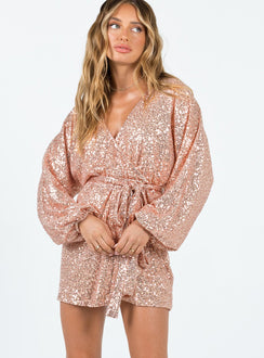 Front view of model wearing  front Princess Polly V-Neck  Dancing Queen Mini Dress Champagne