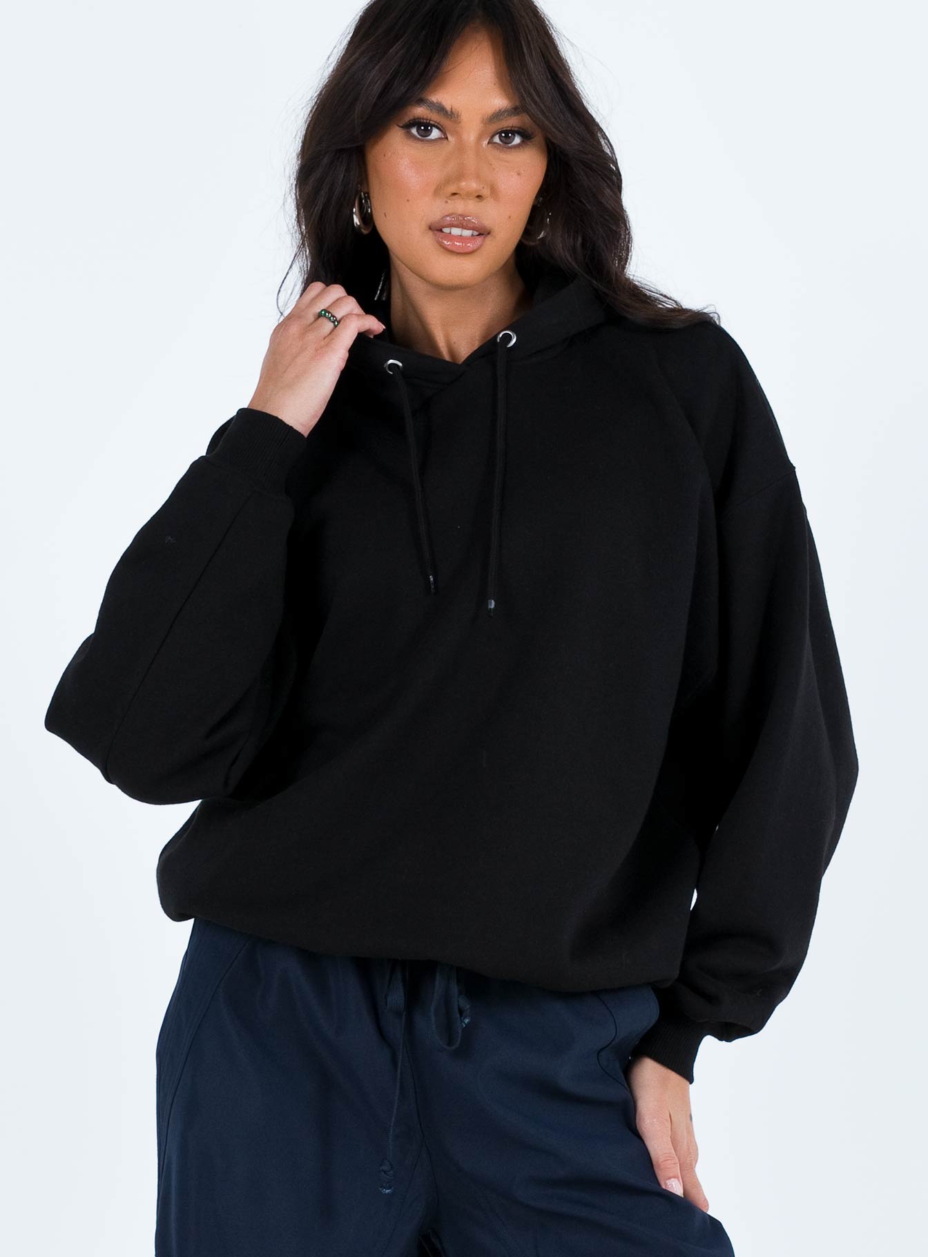 front view of model wearing Princess Polly Ritu Oversized Hoodie Black 