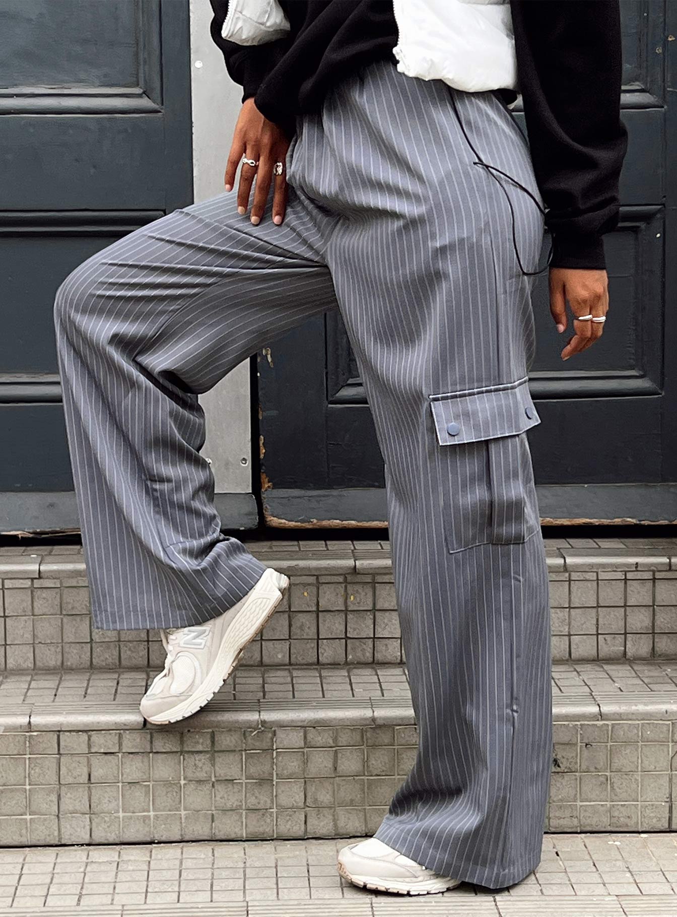 Black and grey striped pants best sale