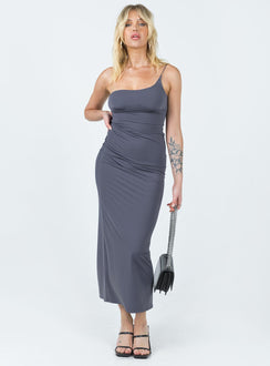 Front view of model wearing  front Princess Polly High Neck  Deliza One Shoulder Maxi Dress Grey