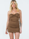 Front view of model wearing  front Princess Polly Asymmetric Neckline  Henriette Mini Dress Brown