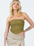 Corset Mesh material Embroidered detail Inner silicone strip at bust Boning through front Lace-up fastening at back Curved hem