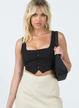 Vest top Square neckline Button fastening at front Invisible zip fastening at side Pointed hem