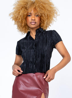 front view of model wearing Princess Polly Akira Shirt Black Short Sleeves V-Neck 