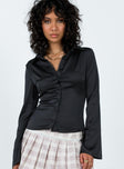 Front view of model wearing  front Princess Polly Full Sleeves V-Neck  Anni Satin Shirt Black