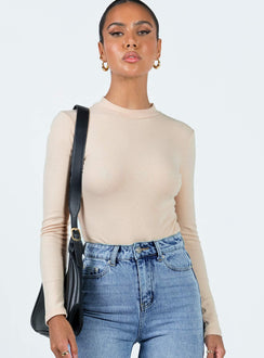 front view of model wearing Princess Polly Maleny Long Sleeve Bodysuit Beige Full Sleeves High Neck 
