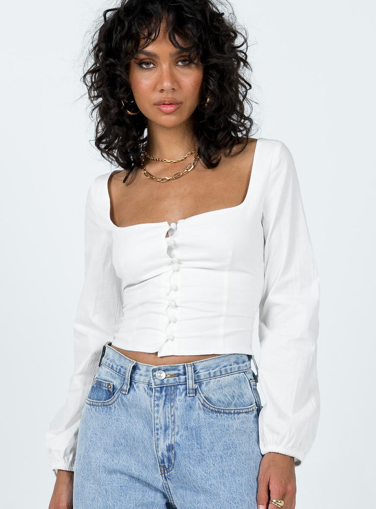 Front view of model wearing  front Princess Polly Full Sleeves Square Neck  Chalmers Top White