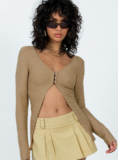 Front view of model wearing  front Princess Polly Full Sleeves Square Neck  Nowell Long Sleeve Top Beige