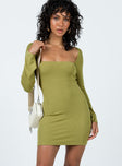 Front view of model wearing  front Princess Polly Square Neck Square Neck Square Neck  Dianne Long Sleeve Mini Dress Olive