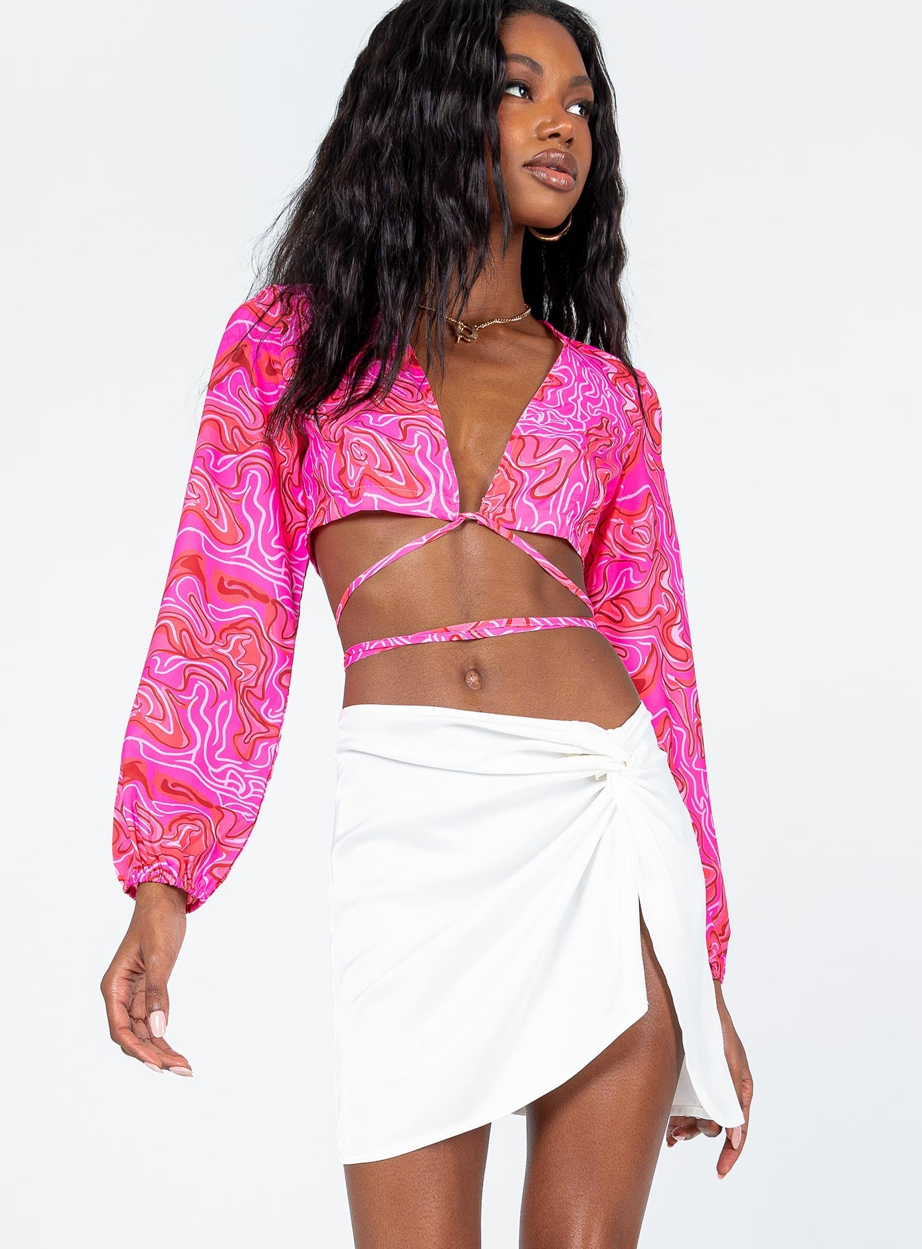   front view of model wearing Princess Polly Nahla Knot Mini Skirt White Mini Skirts 