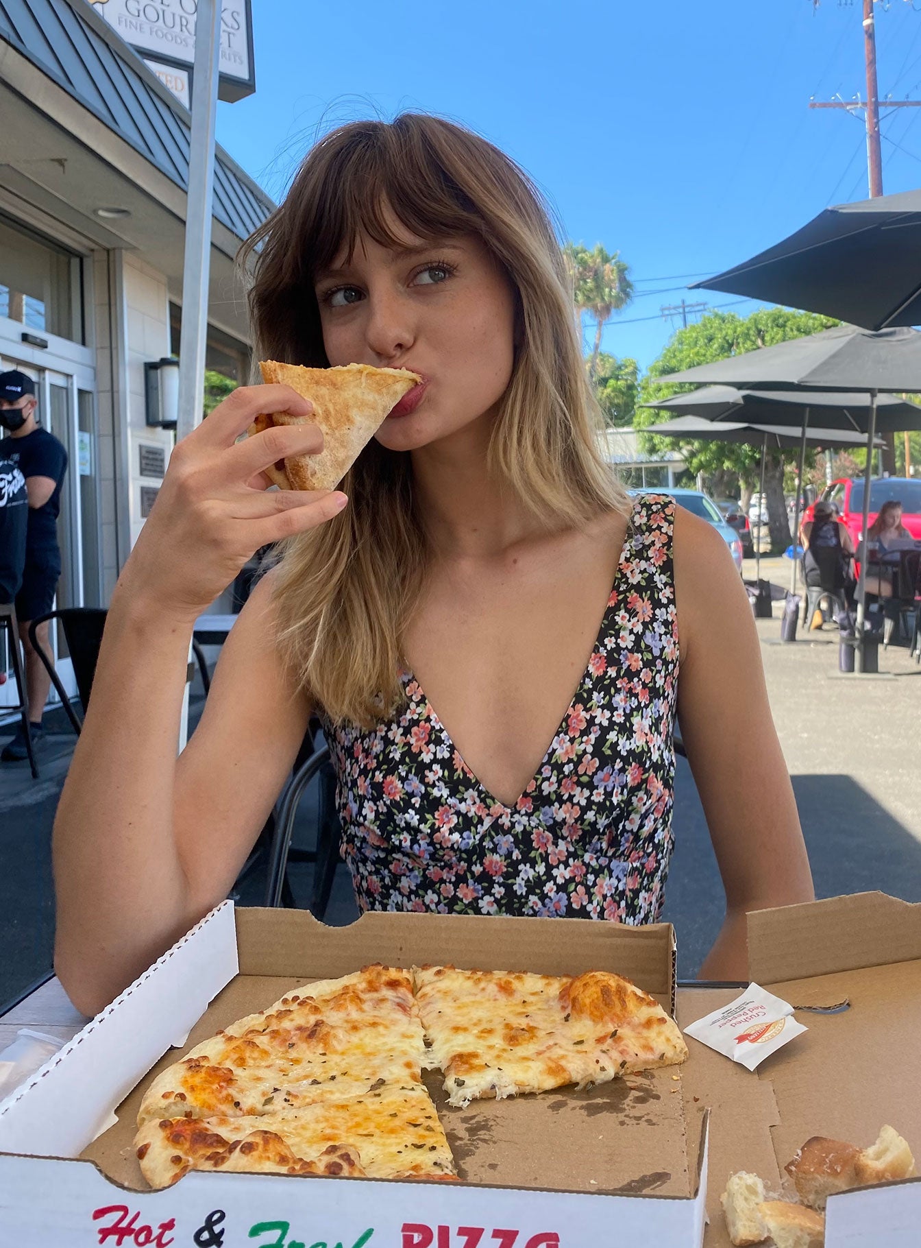 Front view of model wearing  front Princess Polly V-Neck  Delta Midi Dress Black Floral