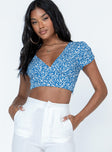 front view of model wearing Princess Polly The Sting Top Blue Short Sleeves V-Neck 