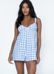 100% cotton blue romper Check print Elasticated straps Low back  Non-stretch  Lined bust 