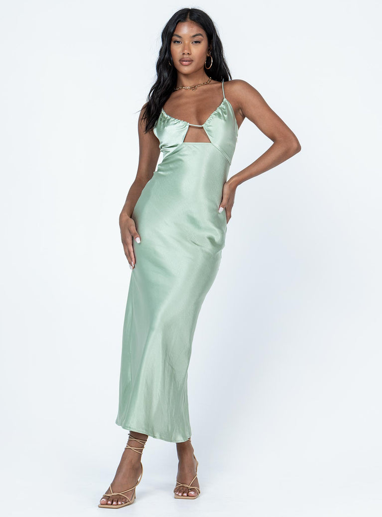 side view of model wearing Princess Polly Danica Maxi Dress Green Scoop Neck 