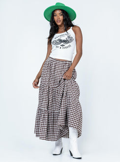   front view of model wearing Princess Polly Hale Midi Skirt Brown Maxi 