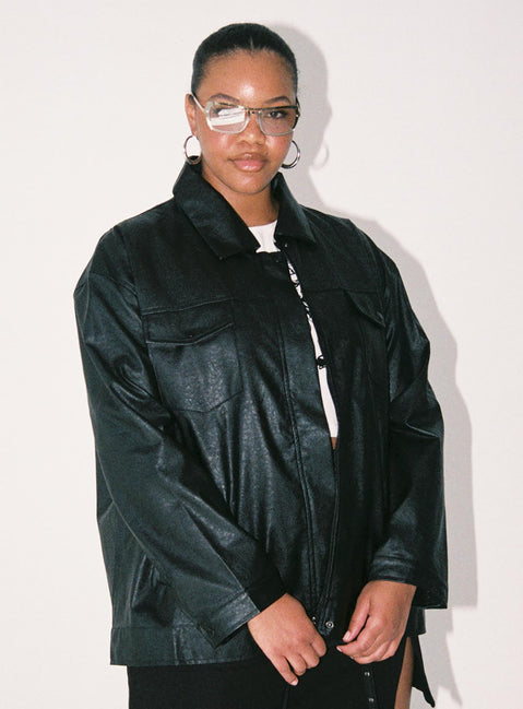 Jacket Faux leather material Zip front fastening Pointed collar Twin chest & hip pockets Single button cuff