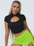 Crop top Spare button included  Ribbed material  High neck Button fastening at neckline  Keyhole cut out 