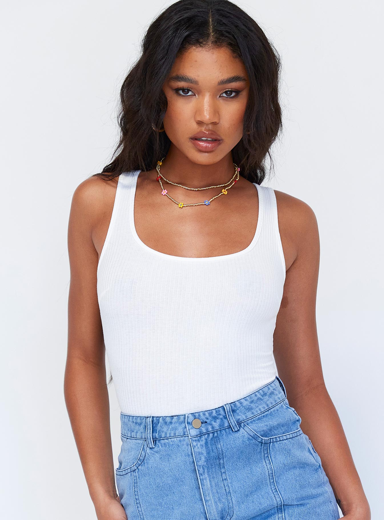 front view of model wearing Princess Polly Landen Bodysuit White Sleeveless Scoop Neck 