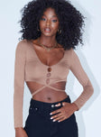 front view of model wearing Princess Polly Kamala Long Sleeve Top Brown 