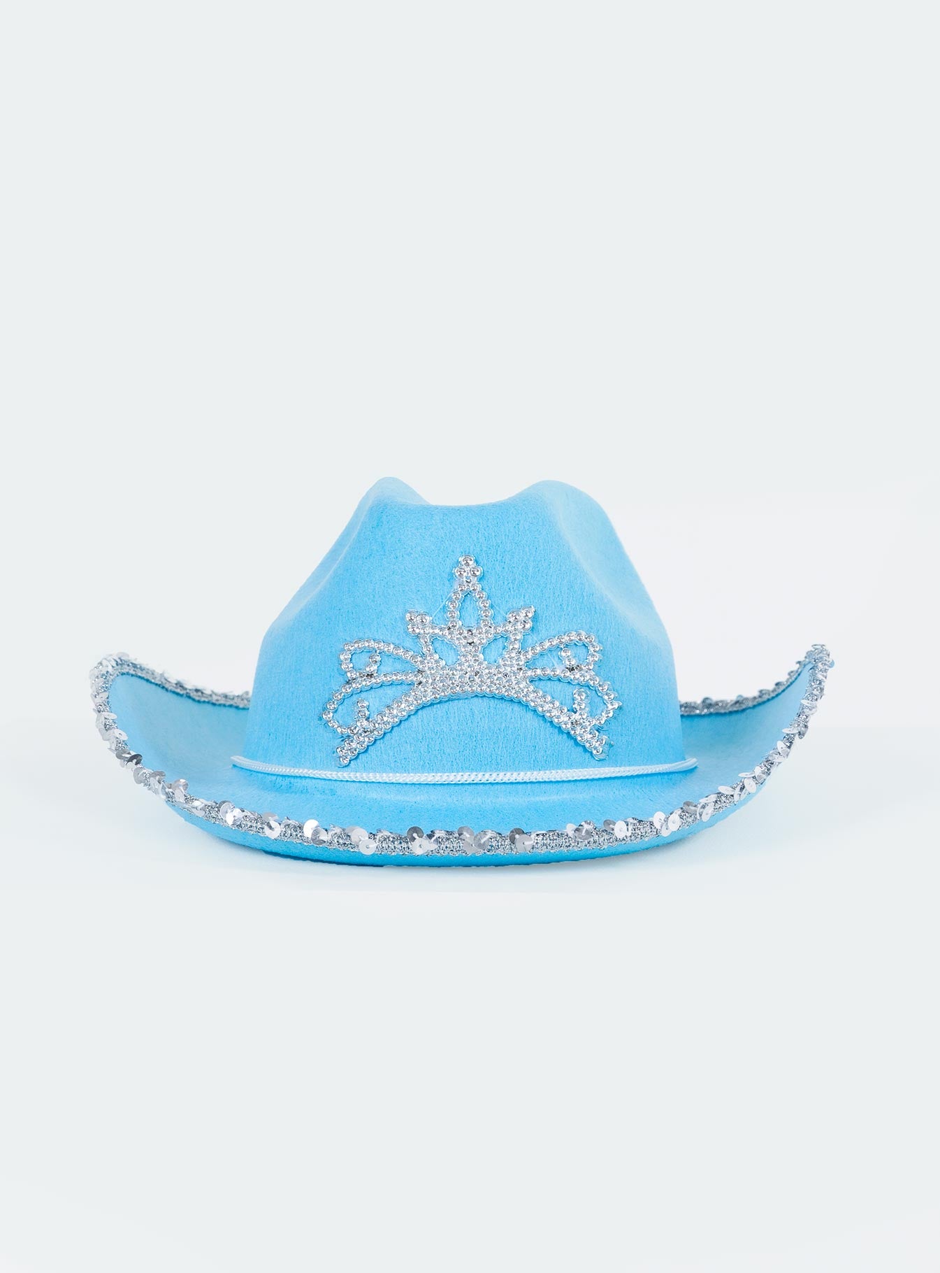 Blue cowgirl hat Faux felt material Silver toned tiara embellishment Sequin rim  Adjustable chin tie Wide stiff brim Creased crown 