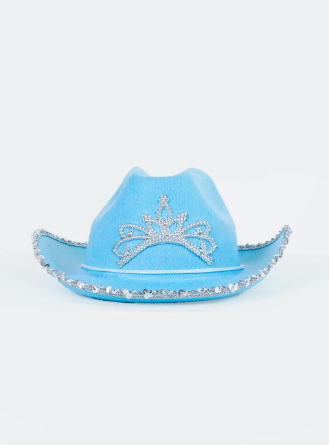 Blue cowgirl hat Faux felt material Silver toned tiara embellishment Sequin rim  Adjustable chin tie Wide stiff brim Creased crown 