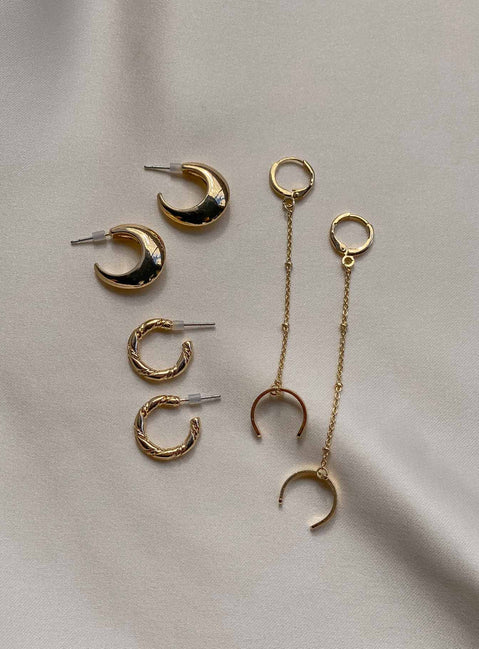 Earring pack Set of three Hoop design Stud fastening Drop down charm Gold-toned