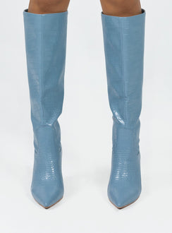 Knee high boots Faux croc leather Slip on design Pointed toe Stilleto heel Padded footbed