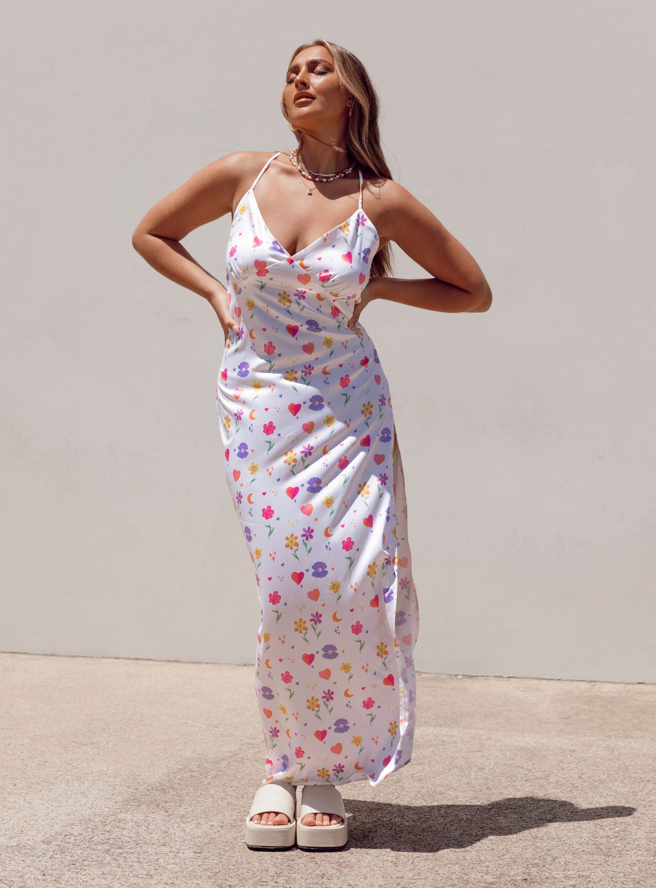 front view of model wearing Princess Polly My Love Maxi Dress White Multi 