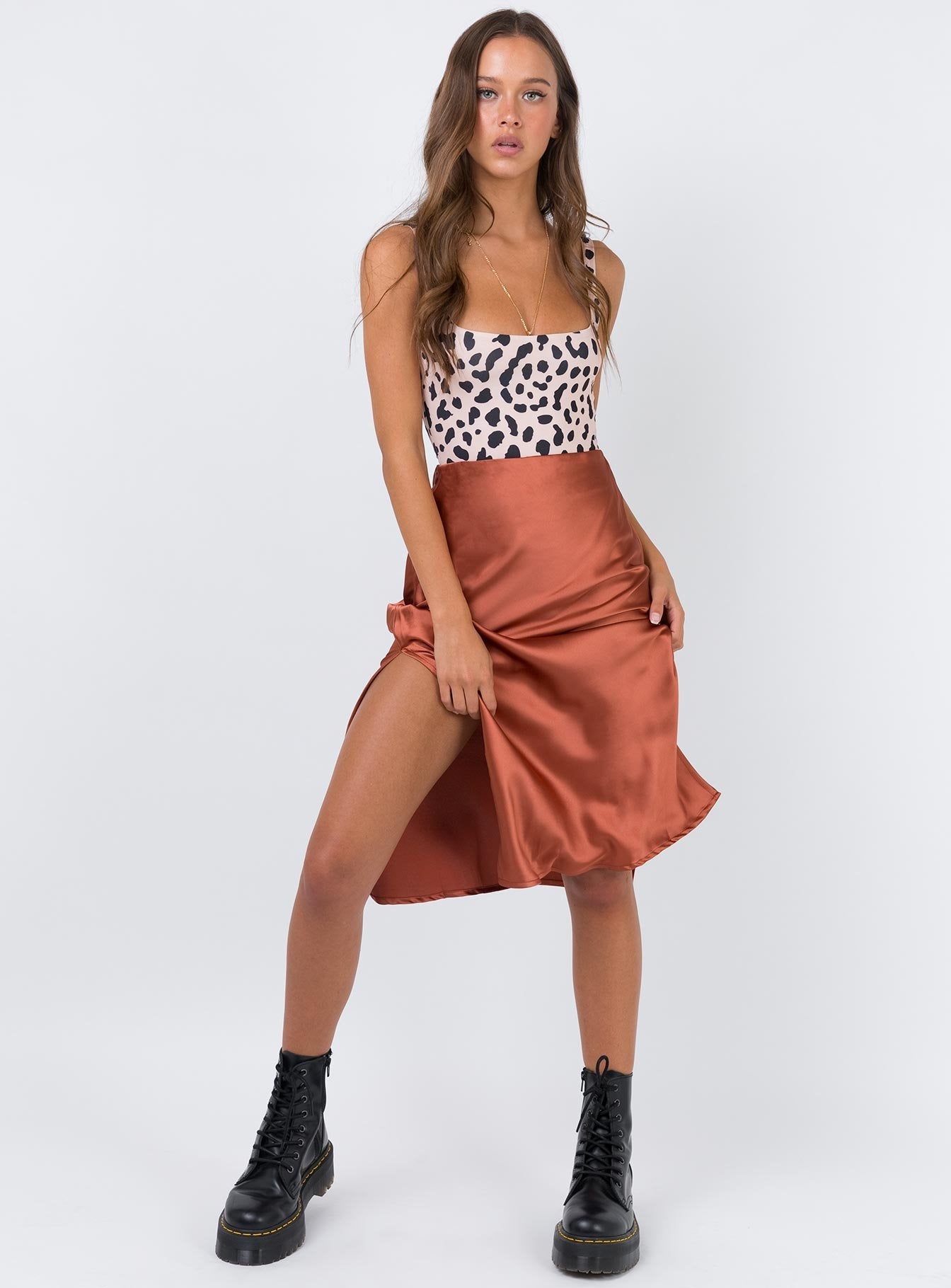   front view of model wearing Princess Polly Cleo Lavoe Midi Skirt Rust 