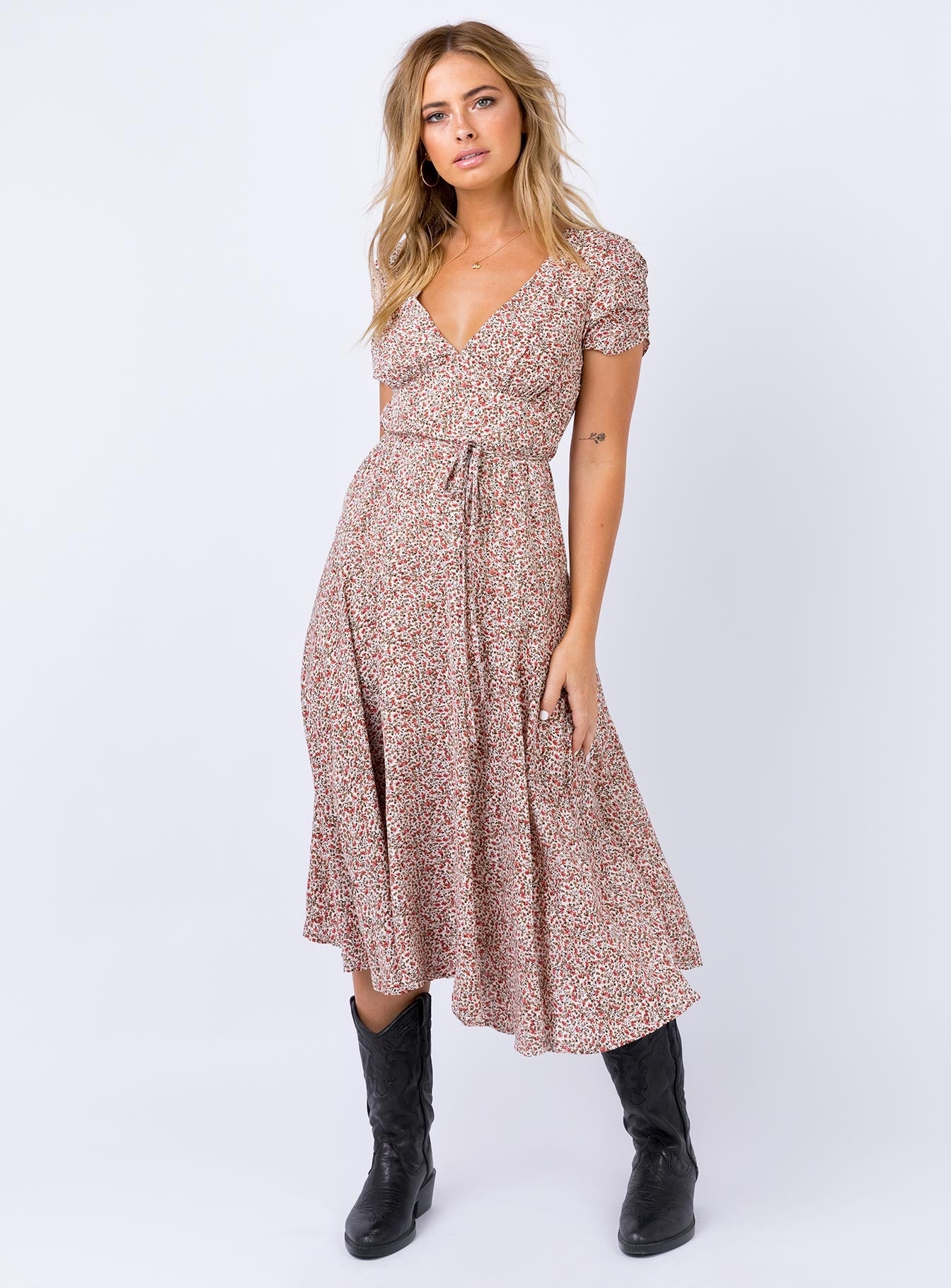 front view of model wearing Princess Polly Falleni Midi Dress Red/White 