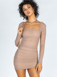 front view of model wearing Princess Polly Charvi Long Sleeve Mini Dress Beige Square Neck 
