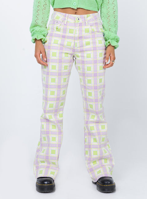 back view of model wearing Princess Polly The Ragged Priest Trail Denim Jeans Green Check Mid Rise 