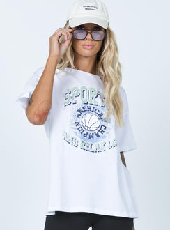 Front view of model wearing  front Princess Polly Sleeveless Crew Neck  Quarterback Tee White