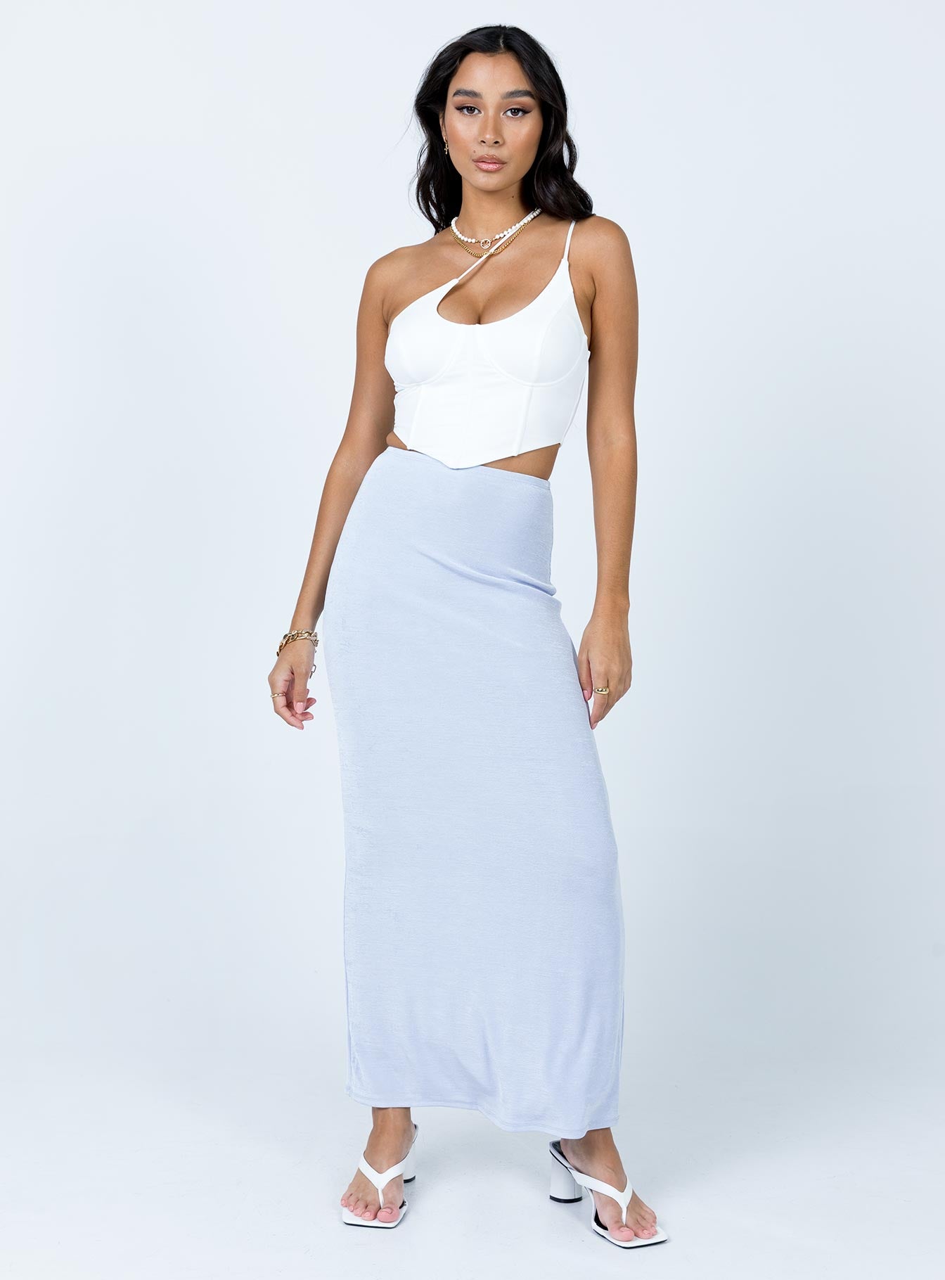   front view of model wearing Princess Polly Harriette Maxi Skirt Light Blue 
