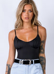 front view of model wearing Princess Polly Levey Bodysuit Black Sleeveless Scoop Neck 