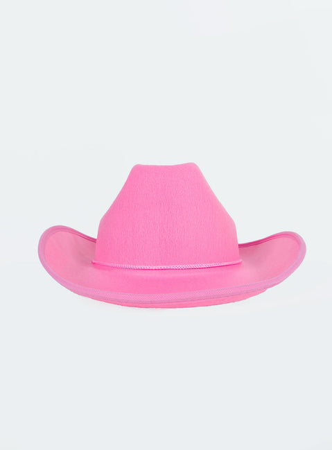 Pink cowboy hat Faux felt material Adjustable chin tie Wide stiff brim Creased crown 